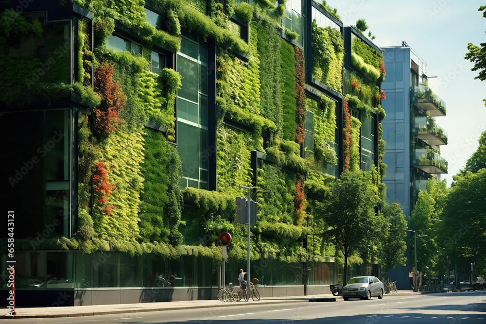 Eco architecture. Green cafe, buildings with hydroponic plants on the facade. 