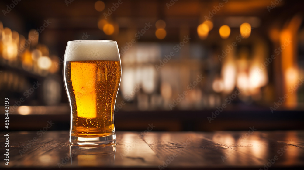 glass of beer on wooden table with blur pub background glass of beer on wooden table with blur pub background