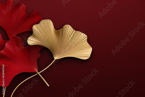 Golden ginkgo biloba leaves and branches on a red background. Chinese style design. Botanical illustration Floral background Luxury elegant pattern.