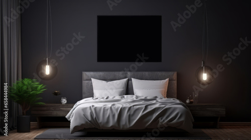 Mock up poster in dark black minimalistic bedroom, 3d render