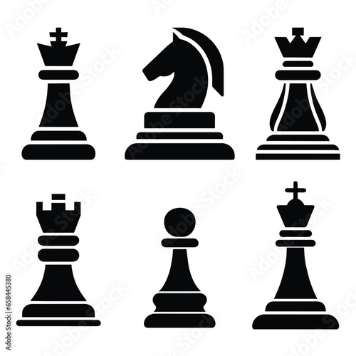 Silhouettes of chess pieces. Set of chess icons. King, Queen, rook, knight, Bishop, pawn, editable color, vector isolated on white background © llopter