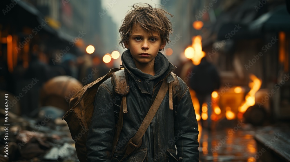 A young poor boy walking on a city street with a backpack A young poor boy walking on a city street with a backpack