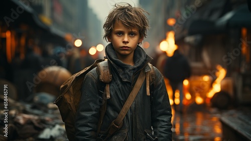 A young poor boy walking on a city street with a backpack