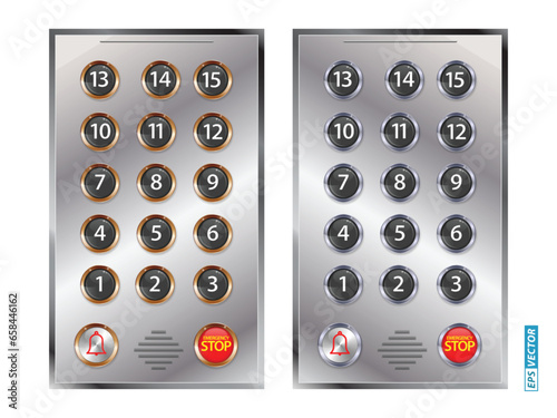 set of realistic elevators buttons with chrome metal door. 3D Render