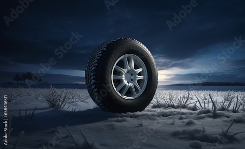 a high performance snow tyre is shown in the snowy grass in a dark background © Kordiush