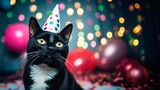 Cute cat wearing party hat in its birthday party. Blurred background with confetti and copy space for text