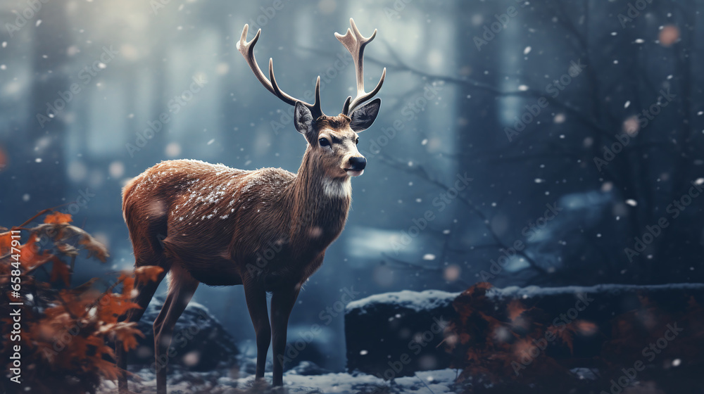 deer standing in the middle of the forest in winter scenery deer standing in the middle of the forest in winter scenery