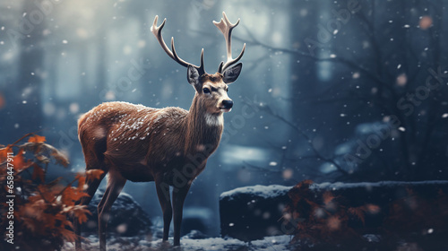 deer standing in the middle of the forest in winter scenery