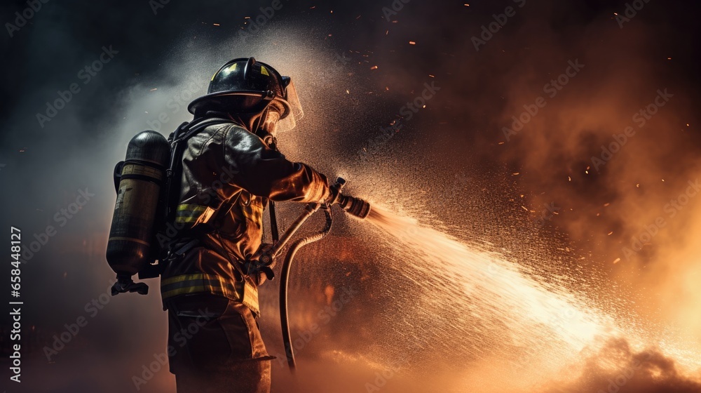 Obraz premium Brave firefighters use a fire extinguisher and water from a hose to extinguish a large fire.