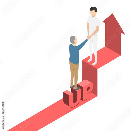 白衣の男性に助けられて階段を上がる高齢男性・アイソメトリック