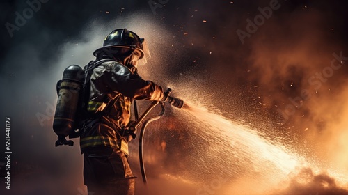 Brave firefighters use a fire extinguisher and water from a hose to extinguish a large fire.