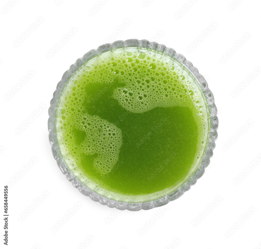 Glass of fresh celery juice on white background, top view Glass of fresh celery juice on white background, top view