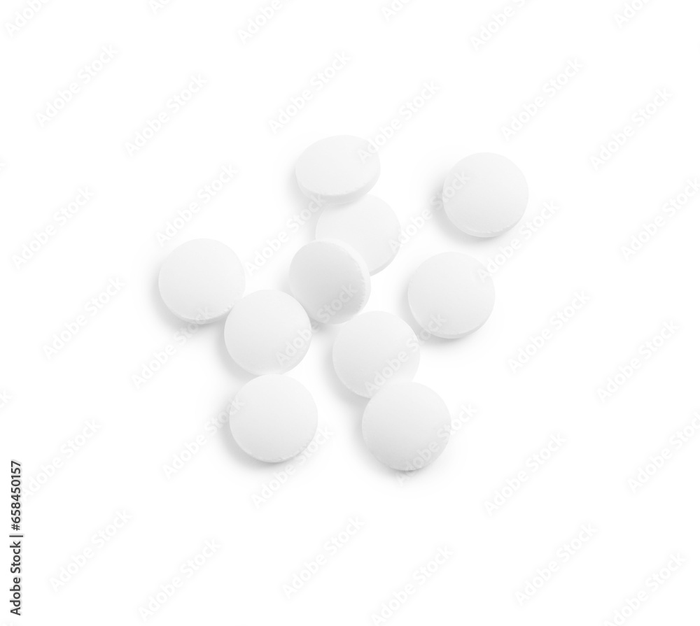 Many pills isolated on white, top view
