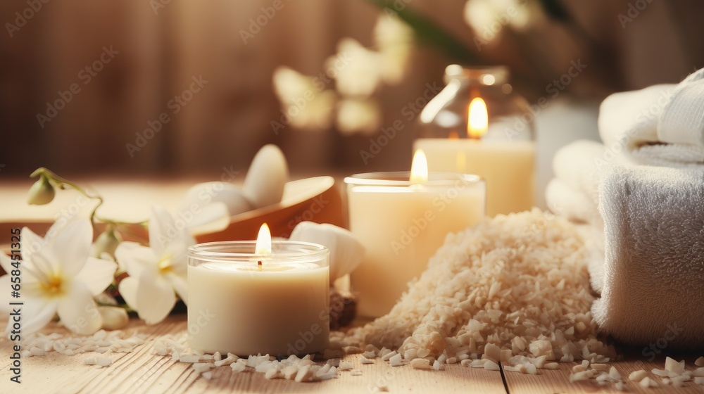 Beautiful spa treatment composition such as Towels, candles, essential oils, Massage Stones on light wooden background. blur living room, natural creams and moisturizing Healthy lifestyle, body care