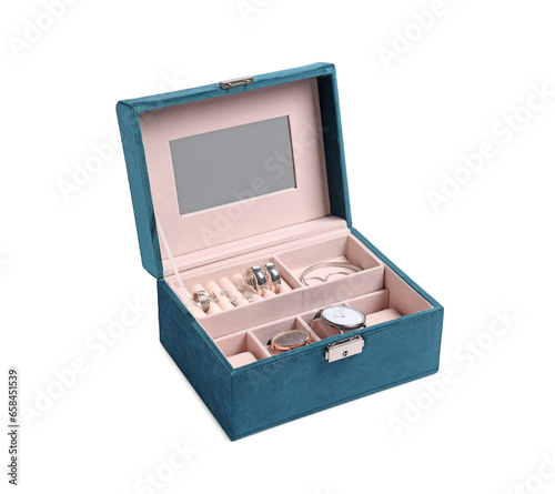 Jewelry box with mirror, many different silver accessories and wristwatches isolated on white