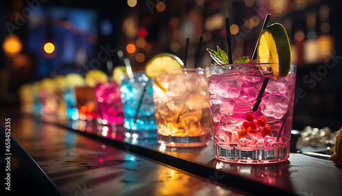 Food photography - A line of colourful cocktails on a bar, backlit, bright colours, fresh fruit