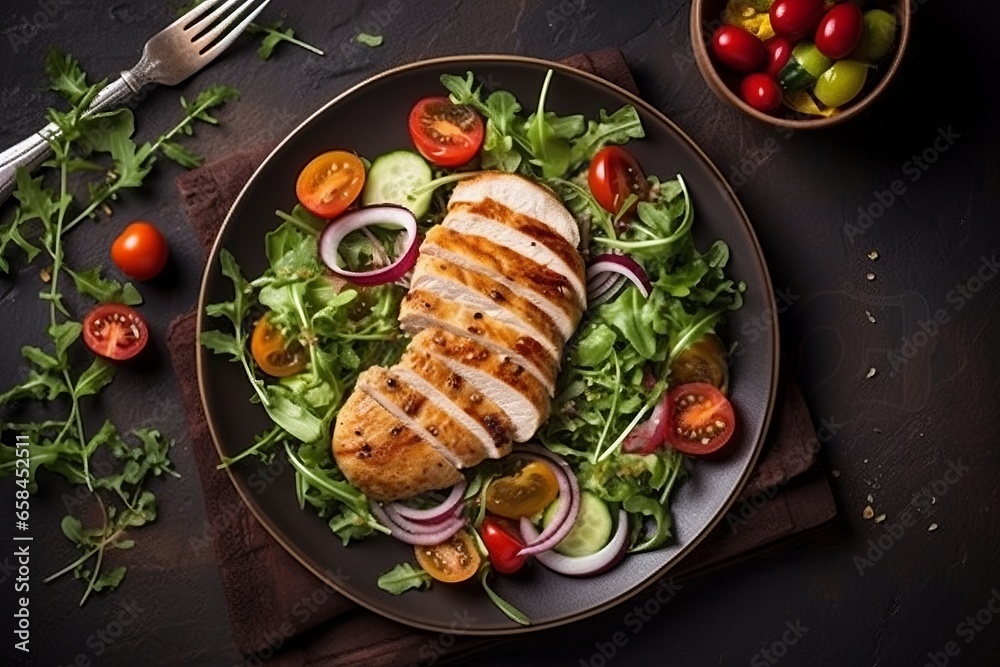 Top view of plate with Chicken fillet with salad - obrazy, fototapety, plakaty 