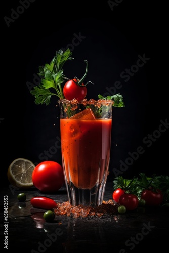 Bloody mary cocktail on glass on black background. Generative AI