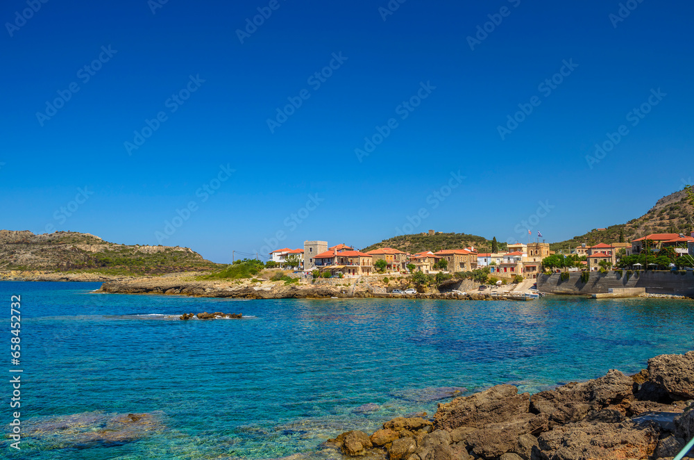 The seaside village of Trahila. Its a small coastal village and a community in the municipal unit of west Mani near Agios Dimitrios village in Messenia, Peloponnese, Greece.