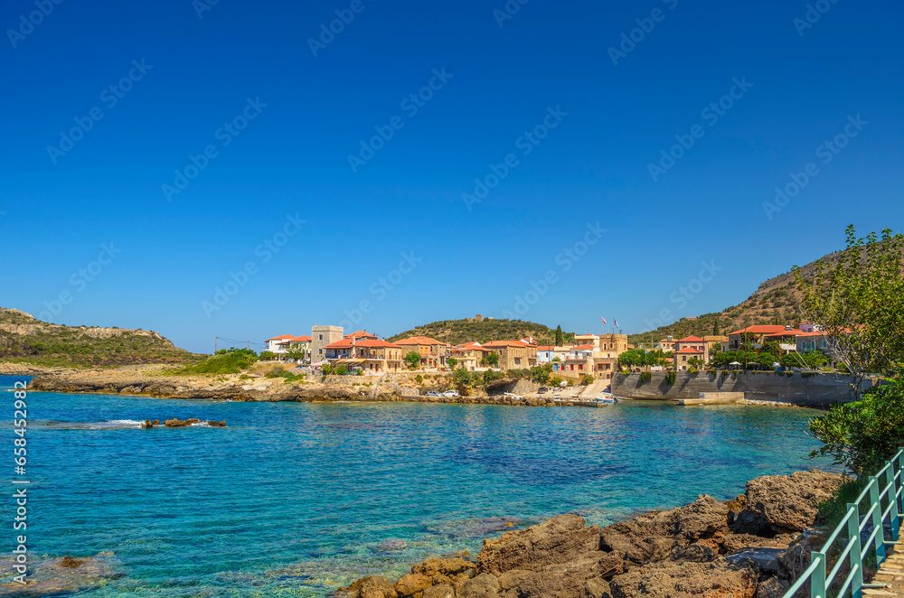 The seaside village of Trahila. Its a small coastal village and a community in the municipal unit of west Mani near Agios Dimitrios village in Messenia, Peloponnese, Greece.