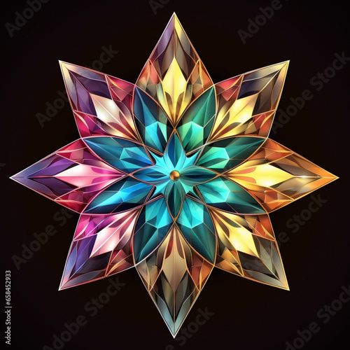 a jewel-shaped crystal on a black background, in the style of colorful assemblages photo