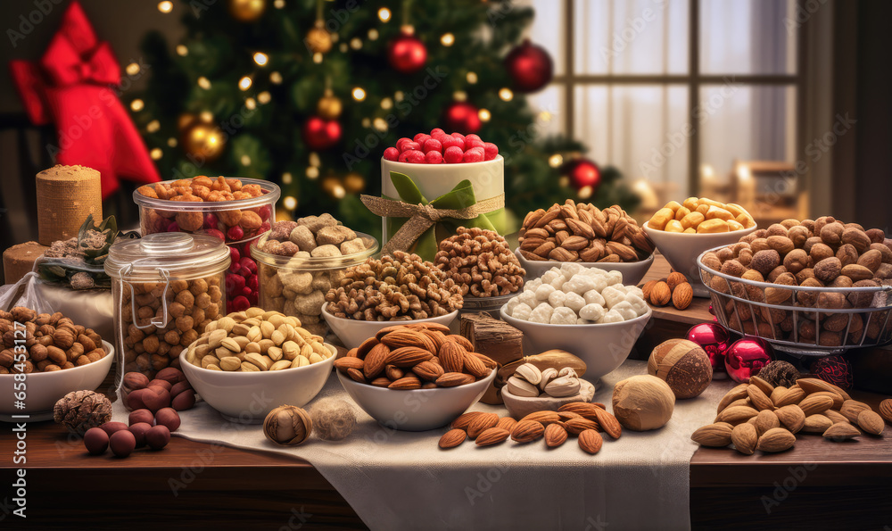 Delicious oilseeds at Christmas, walnuts, almonds, raisins, chestnuts, pistachios, macadamia nuts.