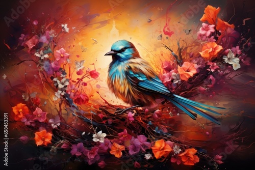 Fairytale abstraction using bright flowers and colorful birds  © PinkiePie