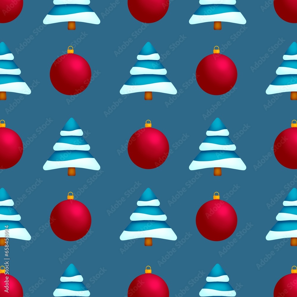 Blue Christmas trees and red balls on a blue background repeating pattern
