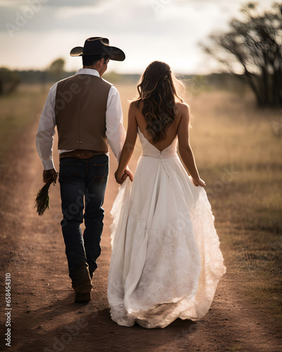 Western country wedding, couple walking away from camera