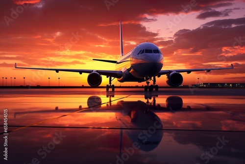 Sunset view of an airplane on the airport runway. Aviation technology and world travel concept