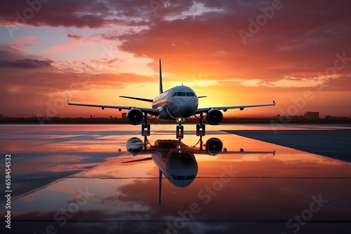 Sunset view of an airplane on the airport runway. Aviation technology and world travel concept