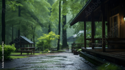 Forest after rain and wood house