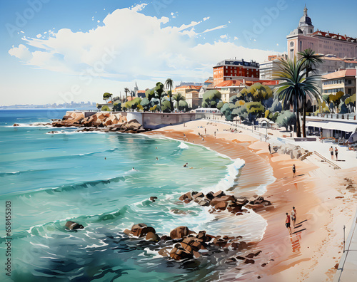 Painting of a fantasy travel destination, like the French Rivera, with waves, people, and buildings along the shore photo