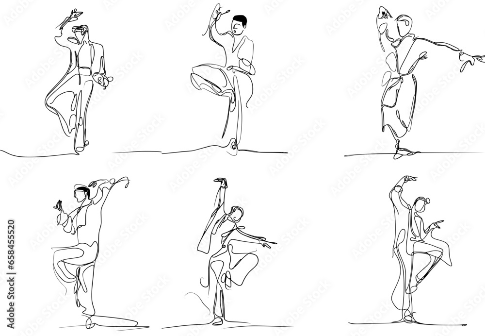  one-line drawing of flamenco men dancers , simple and minimalist, vector