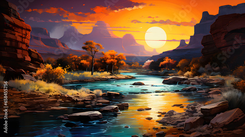 Painting of western landscape similar to the Grand Canyon with a river, red rocks, and stone formations photo