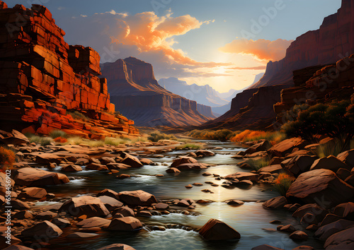 Painting of western landscape similar to the Grand Canyon with a river, red rocks, and stone formations © Lisa