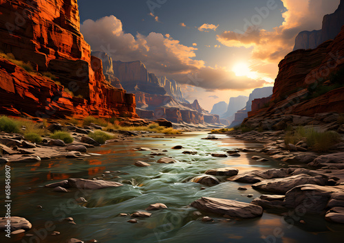 Painting of western landscape similar to the Grand Canyon with a river, red rocks, and stone formations © Lisa