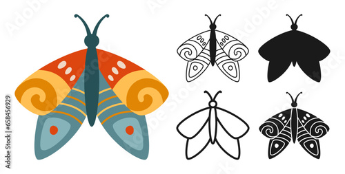 Butterfly abstract retro set. Mystical bohemian moth symbol insect wings with ornament. Colored, silhouette or symbol, doodle tattoo, line ornate celestial moth. Vintage decoration ornate kids vector