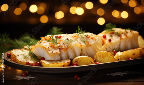 Leinwand Poster Delicious Christmas cod baked in super detail on a tray on the table decorated for Christmas Eve