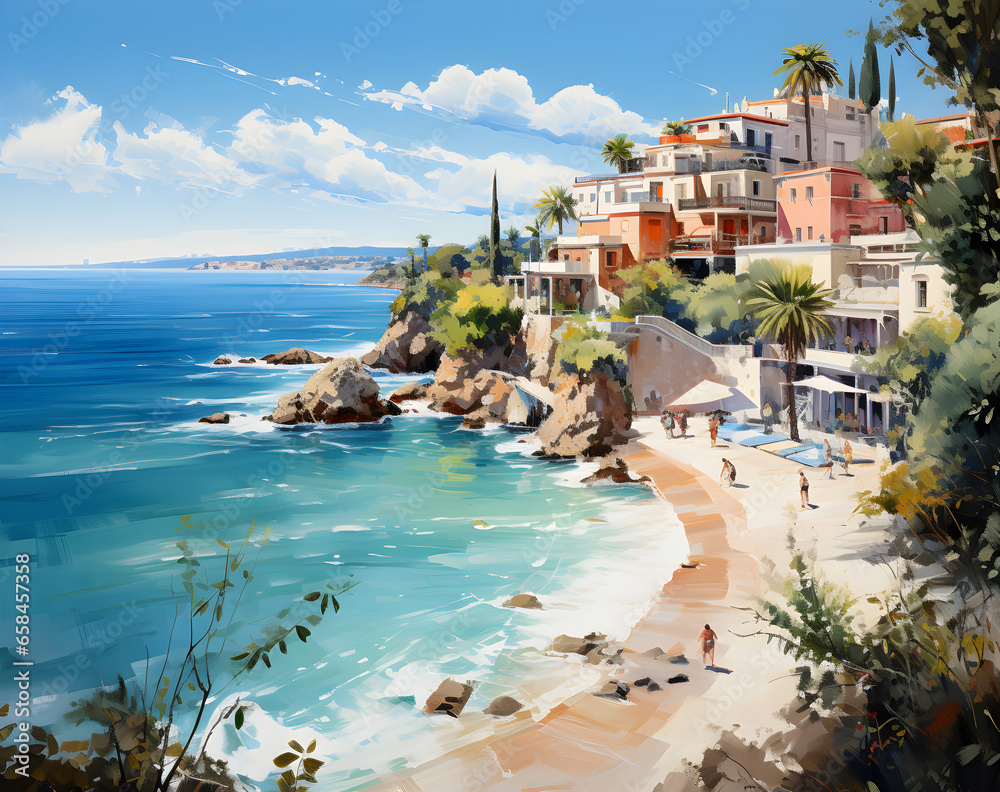 Fantasy travel destination like a Greek beach with coastline, waves, and buildings along the shore - obrazy, fototapety, plakaty 