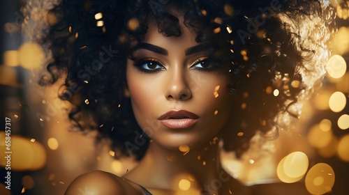 Amidst the dazzling golden bokeh and celebratory ambiance, a beautiful African American woman shines in her elegant gold dress, making it a night to remember.