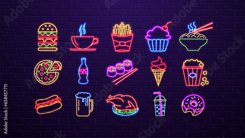 A set of neon glowing bright icons of fast food for a restaurant, cafe, bar and snack bars on a brick wall background in the colors blue, green, yellow and red.