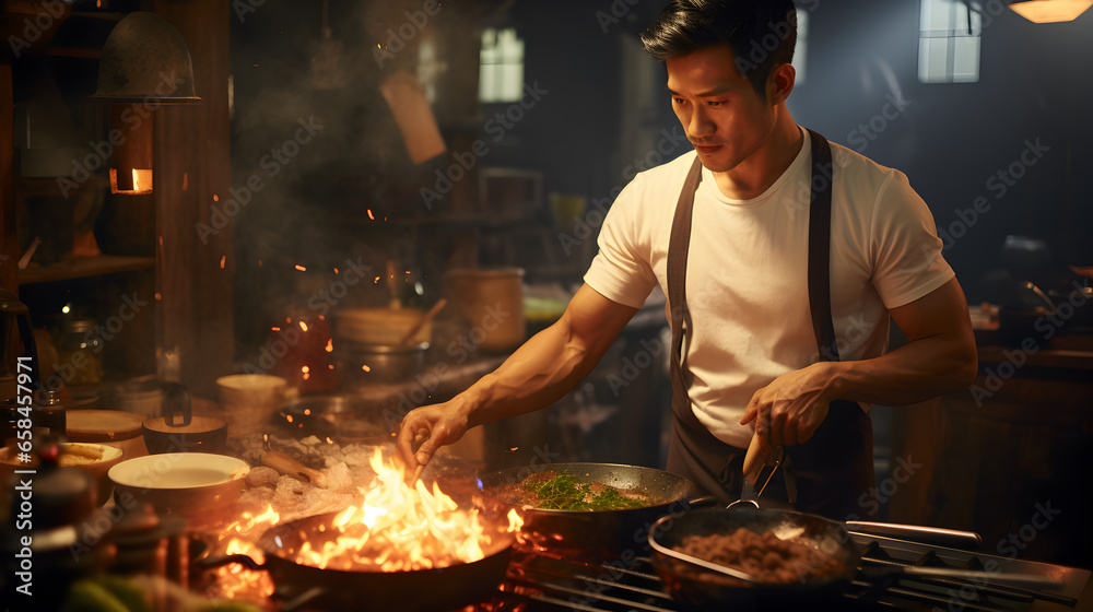 Young Asian chef is cooking in the kitchen. He cooked food in a pan surrounded by fire. Young Asian chef is cooking in the kitchen. He cooked food in a pan surrounded by fire.