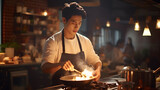 Young Asian chef is cooking in the kitchen. He cooked food in a pan surrounded by fire.
