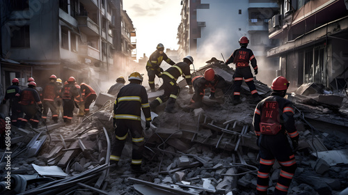 Rescuers are rescuing victims from the rubble of collapsed buildings in the city. Many rescuers have to help each other. photo