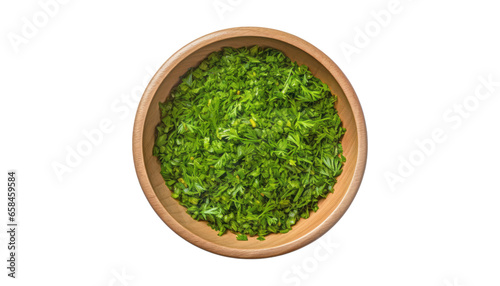 herbs in a wooden bowl isolated on transparent background cutout