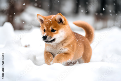 雪の上ではしゃぐ柴犬 © kaguyahime