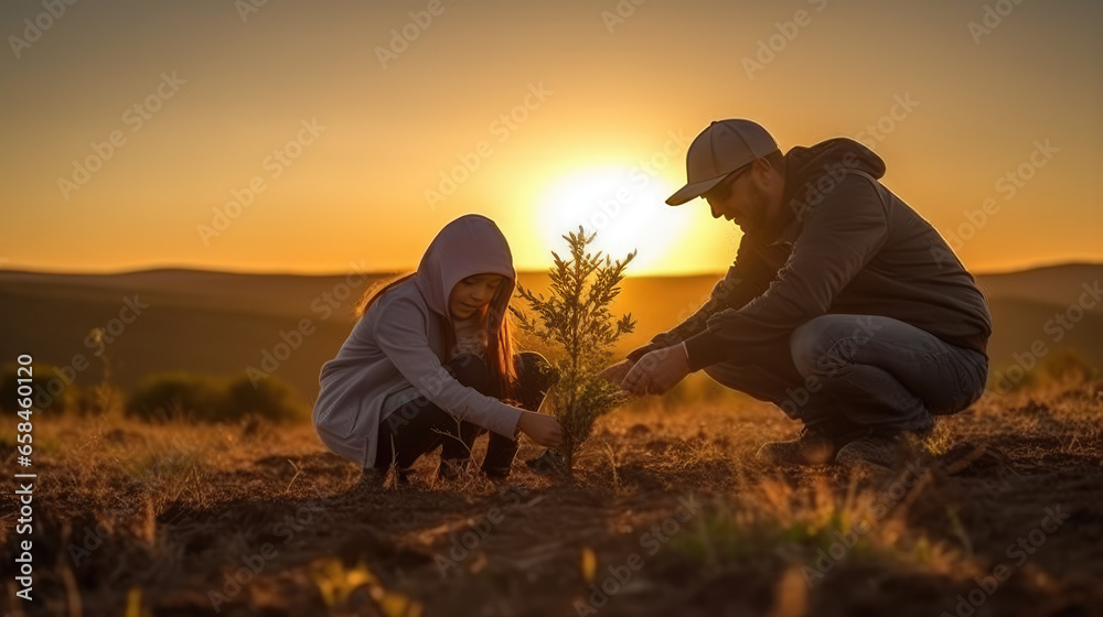 young girl volunteer planting small tree in morning in spring on mountain, concept save earth, Generative AI