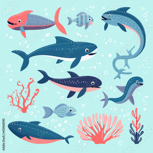 Multicolor collection of oceanic animals and plants in stylization, underwater. Colorful set of marine animals, fish and algae and corals on blue background, isolated.