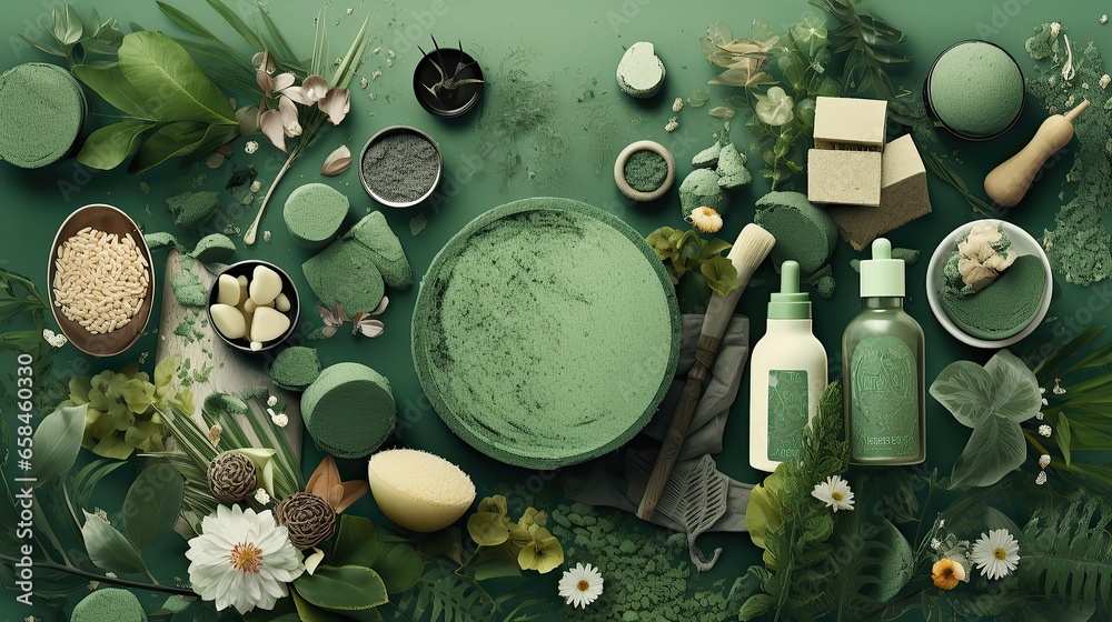 top view of natural cosmetics, ingredients or spa accessories arranged on banner background, Generative AI - obrazy, fototapety, plakaty 